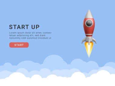Başlangıç sayfası için kavram. 3D roket uzaya uçuyor. Vektör illüstrasyonu.