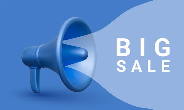 Realistic Blue Plastic Megaphone Marketing Concept Big Sale Vector Illustration — ストックベクタ