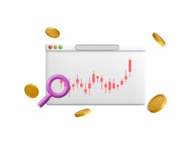 Tarayıcıdaki grafikle 3D çevrimiçi ticaret. İş grafiği ve uçan paralarla üç boyutlu tarayıcı. İş yatırımları için vektör ticareti ikonu. Vektör illüstrasyonu.