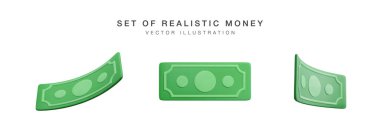 Realistic banknote currency in cartoon style. 3D green paper dollars. Set of twisted money. Vector illustration.