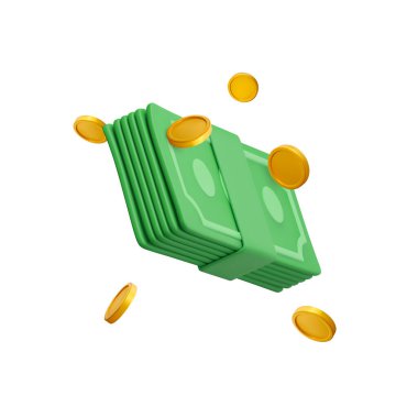 Green currency stack and falling gold coins in cartoon style. 3d realistic money object for poster or banner. Vector illustration.