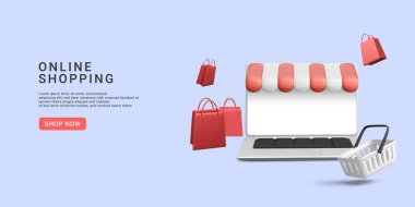 Store banner with laptop, product cart, gift bags. 3d realistic vector illustration.