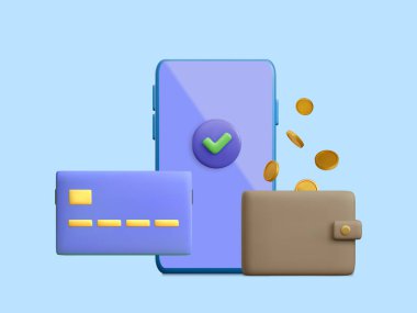 3D görüntüleme çevrimiçi cep telefonu para transferi. Mobil bankacılık konsepti. Çevrimiçi ödeme garantisi. Vektör illüstrasyonu.