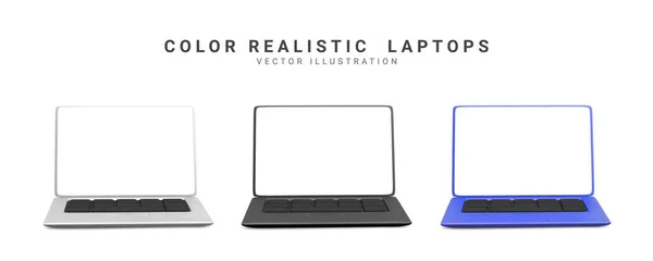 Realistic Set Laptops Blue Silver Black Colours Shadow Vector Illustration — Stok Vektör