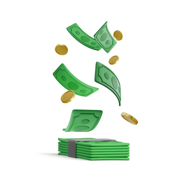 Green Currency Stack Falling Gold Coins Cartoon Style Realistic Money — Διανυσματικό Αρχείο