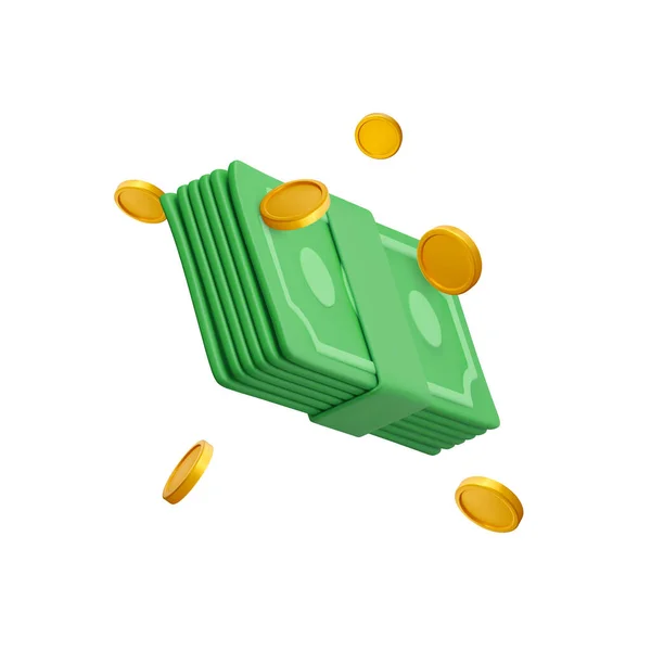 Green Currency Stack Falling Gold Coins Cartoon Style Realistic Money — Διανυσματικό Αρχείο