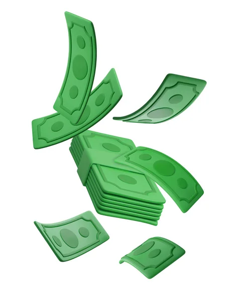 Realistic banknote currency in cartoon style. 3D green paper dollars. Twisted money. Vector illustration.