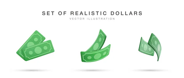 Realistic Banknote Currency Cartoon Style Green Paper Dollars Set Twisted — Stock vektor