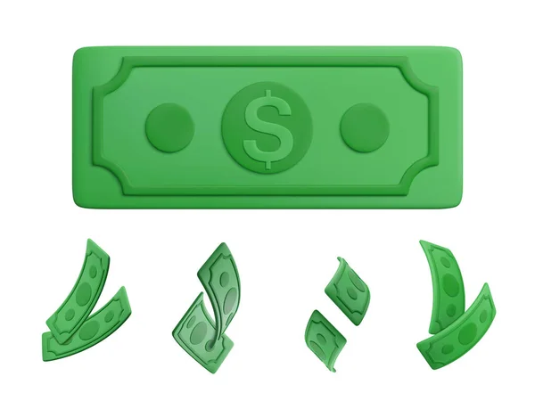 Realistic Banknote Currency Cartoon Style Green Paper Dollars Set Twisted — Διανυσματικό Αρχείο