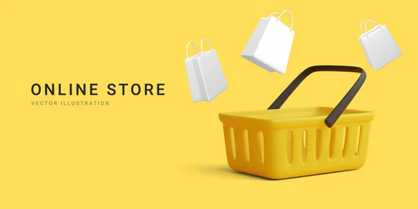 Online store banner with shopping cart and white gift bags. 3d realistic vector illustration.