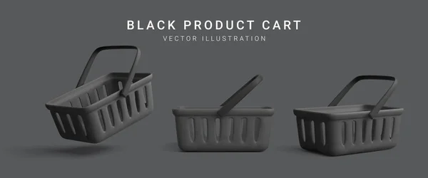 Set Realistic Plastic Black Shopping Cart Isolated Dark Background Special — Vetor de Stock