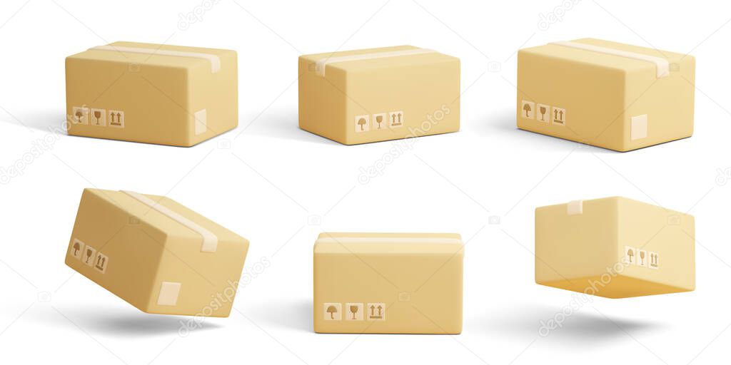 Set of 3D cardboard closed boxes isolated on light background. Realistic delivery cargo parcels with fragile care sign symbol, handling with care, protection from water rain. Vector illustration