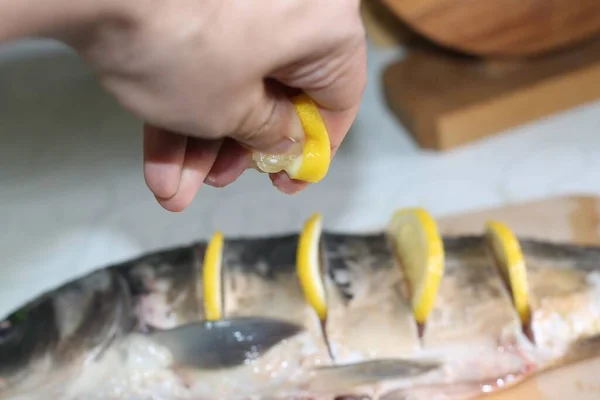 Alimentos Bebidas Peixe Frutos Mar Limões Deliciosos Frescos Deliciosos — Fotografia de Stock