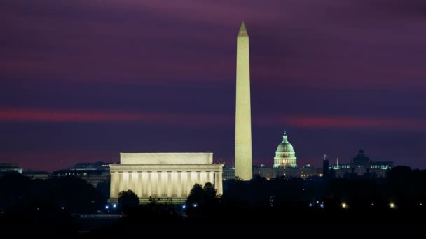 National Mall Monuments Across Potomac River TImelapse in Washington DC Lincoln Memorial Washington Monument United States Capitol at Sunrise — Stock Video