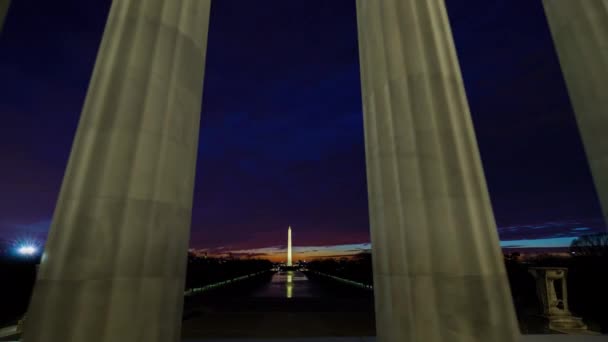 Hyperlapse Timelapse Through Lincoln Memorial at Sunrise Facing Washington Monument — Stock Video