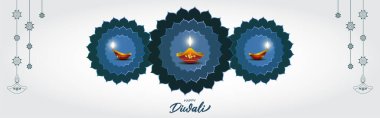 Mutlu Diwali, Dipawali, Hint ışık festivali, sarkıtlar, diya, yağ lambası ve nilüfer güzel desenli, bayram dilekleri afişi.