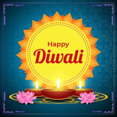 Mutlu Diwali, Dipawali, Hint ışık festivali, sarkıtlar, diya, yağ lambası ve nilüfer güzel desenli, bayram dilekleri afişi.