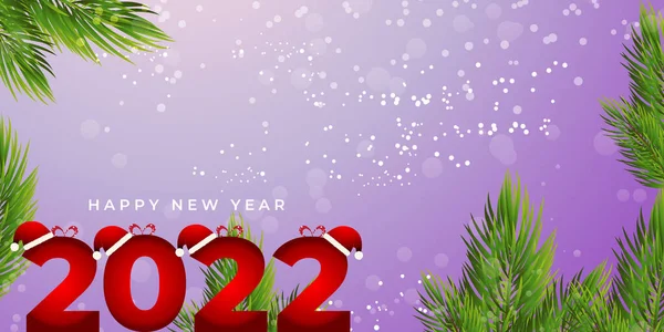 Happy New Year 2022 Banner Pine Tree Branches Santa Cap — Stock Vector