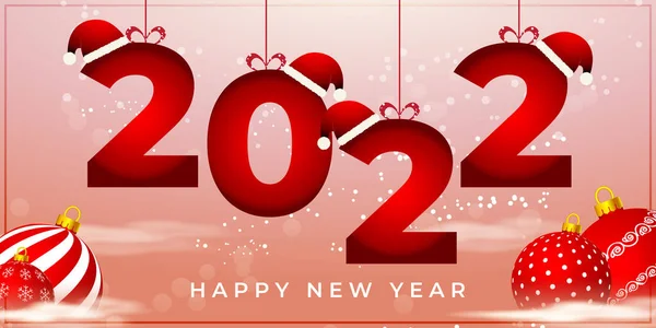 Gelukkig Nieuwjaar 2022 Banner Dennenboom Takken Kerstmuts Lichte Ballen Glitters — Stockvector