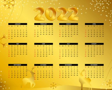 2022 Takvim şablonu, 12 ay, haftadan itibaren pazar günü başlayacak, web sitesi, iş ve sosyal medya için soyut konsept modern takvim düzeni, vektör illüstrasyonu.
