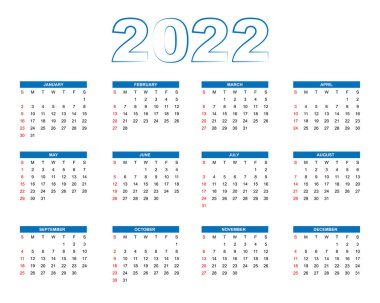 2022 Takvim şablonu, 12 ay, haftadan itibaren pazar günü başlayacak, web sitesi, iş ve sosyal medya için soyut konsept modern takvim düzeni, vektör illüstrasyonu.