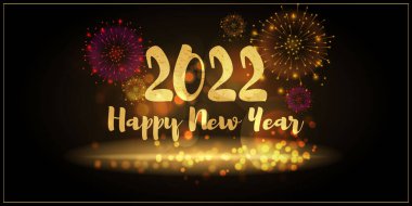 Mutlu yıllar 2022 tebrik kartının vektör illüstrasyonunda parlak arka planda altın kurdeleler, mutlu yeni yıl dilekleri.