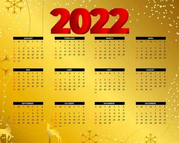 2022年日历模板 设定12个月 从周日开始一周 商业和社交媒体的抽象概念现代日历布局 矢量插图 — 图库矢量图片
