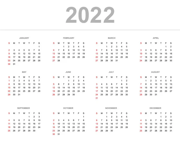 2022 Takvim Şablonu Haftadan Itibaren Pazar Günü Başlayacak Web Sitesi — Stok Vektör
