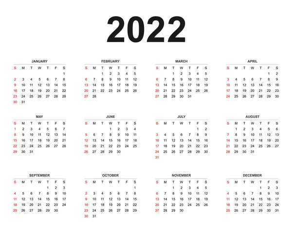 2022 Plantilla Calendario Conjunto Meses Inicio Semana Desde Domingo Diseño — Archivo Imágenes Vectoriales