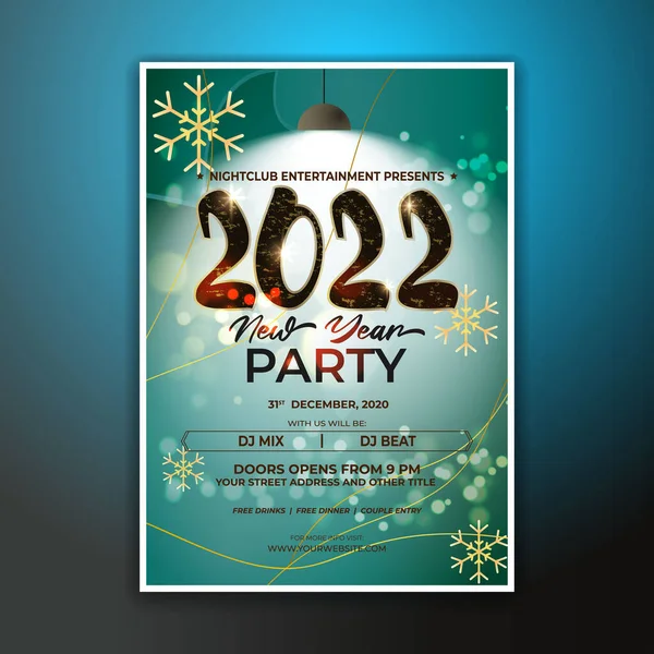 新年のベクトルイラスト2022年パーティー招待ポスター美しいボケを背景に 新年Djパーティーポスター チラシ 大きなパーティー 無料ドリンク 食べ物 Djナイト ディスコナイト — ストックベクタ