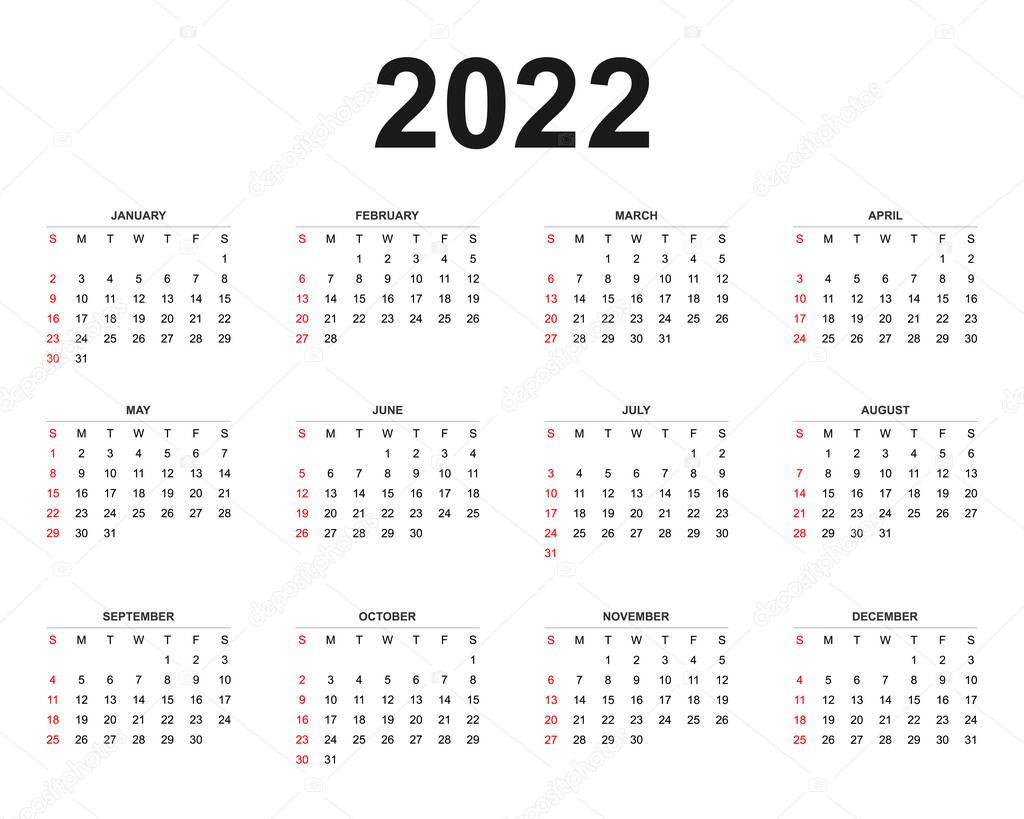 2022 Calendar template, set of 12 months, week start from Sunday, abstract concept modern calendar layout for website, business and social media, vector illustration.