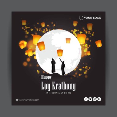 Vector illustration of Loy Krathong festival banner, Thailand festival clipart