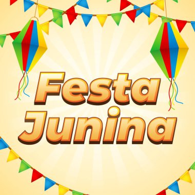 Vektör illüstrasyon düşmanı Festa Junina, Brezilya Haziran festivali ahşap dokuda parti bayraklarıyla
