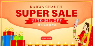 Hint festivali için vektör illüstrasyonu Karwa Chauth bayrağı şablon sunuyor