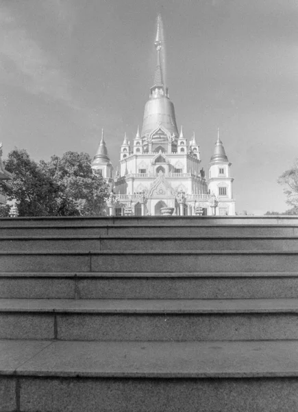 Filme Foto Paisagem Preto Branco Buu Long Pagode Hora Fevereiro — Fotografia de Stock