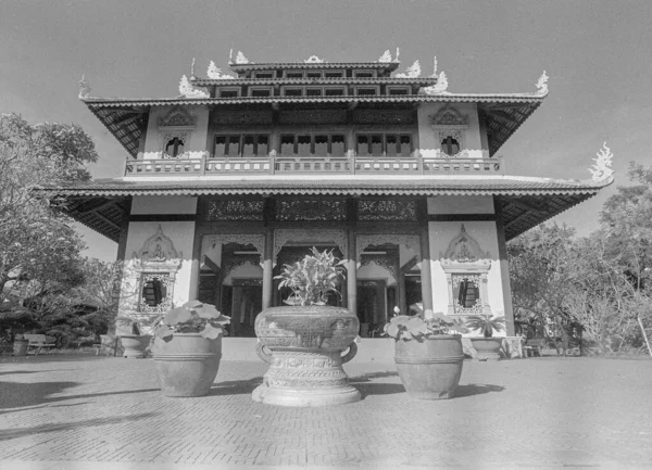 Zwart Wit Landschap Foto Film Buu Long Pagoda Tijd Februari — Stockfoto