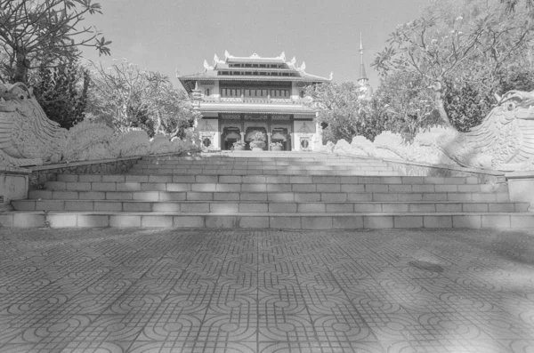 Black White Landscape Photo Film Buu Long Pagoda Time February — Stock Photo, Image