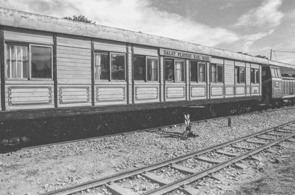 Black White Landscape Photo Film Lat Train Station Time March — Stock Photo, Image