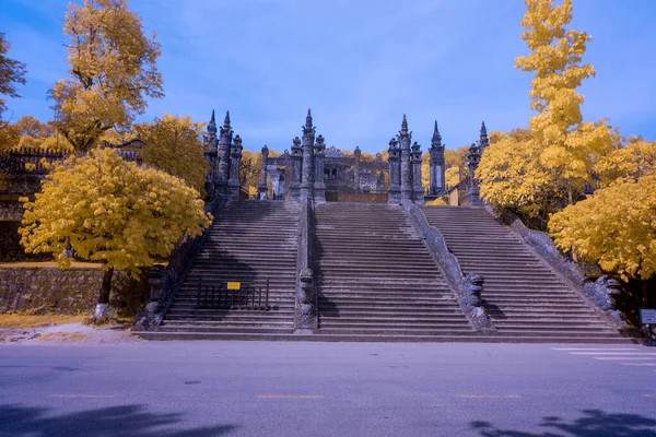 Landscape photo: Hue citadel through infrared light. Time: June 20, 2022. Location: Hue City. Content: the author uses infrared filter to show the colorful landscape of Hue citadel.