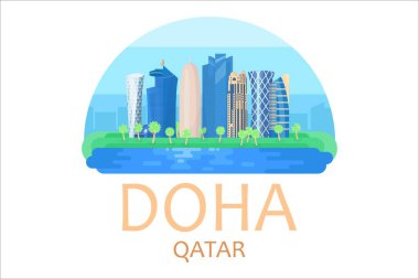Katar 'daki Doha şehrinin basit düz stil çizimi ve onun simgeleri