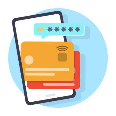 Mavi daire arka planında kredi kartı olan akıllı telefon, mobil bankacılık hizmetleri kavramı. Düz tasarım biçimi illüstrasyonu.