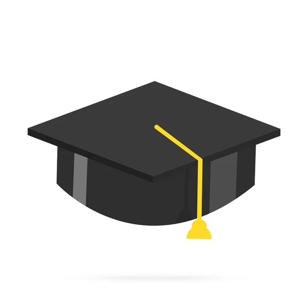 Black graduate hat with golden element, on white background. Flat design illustration. Vector graphics