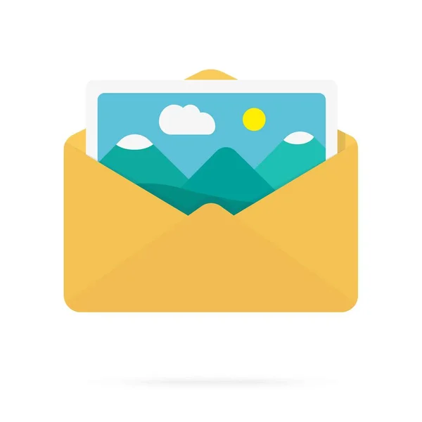 Envelope Yellow Postcard Picture Mountains New Email Flat Design Illustration — Stock Photo, Image