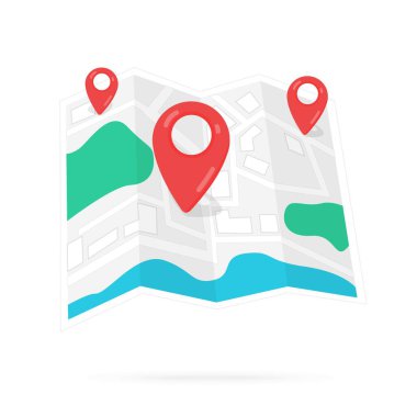 Beyaz zemin üzerinde üç kırmızı pimi olan bir harita. Düz tasarım çizimi. Stok vektör grafikleri