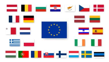 Beyaz üzerinde izole edilmiş tüm Avrupa Bayrakları dikdörtgen düz düğmeler etrafında