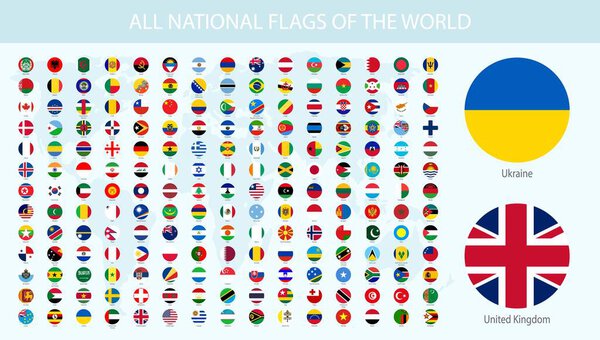 Все национальные флаги мира с именами - круглой формы с теневым флагом изолированы на белом фоне