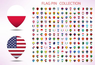 Beyaz arka planda izole edilmiş gölgeli bayraklı dünyanın tüm ulusal bayrakları - pin şekli