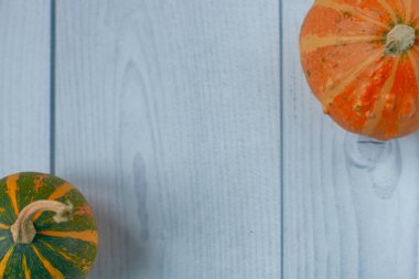 İki küçük dekoratif turuncu ve yeşil balkabağı beyaz ahşap zemin üzerinde metin için fotokopi alanı. Sonbahar tatili kavramı, Cadılar Bayramı, Şükran Günü, tarım. Düz yatıyordu