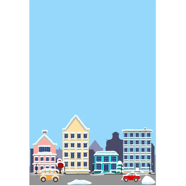 Urban winter landscape. Snowy street. Christmas card Happy Holidays banner. Vector illustration flat style — Stock Vector