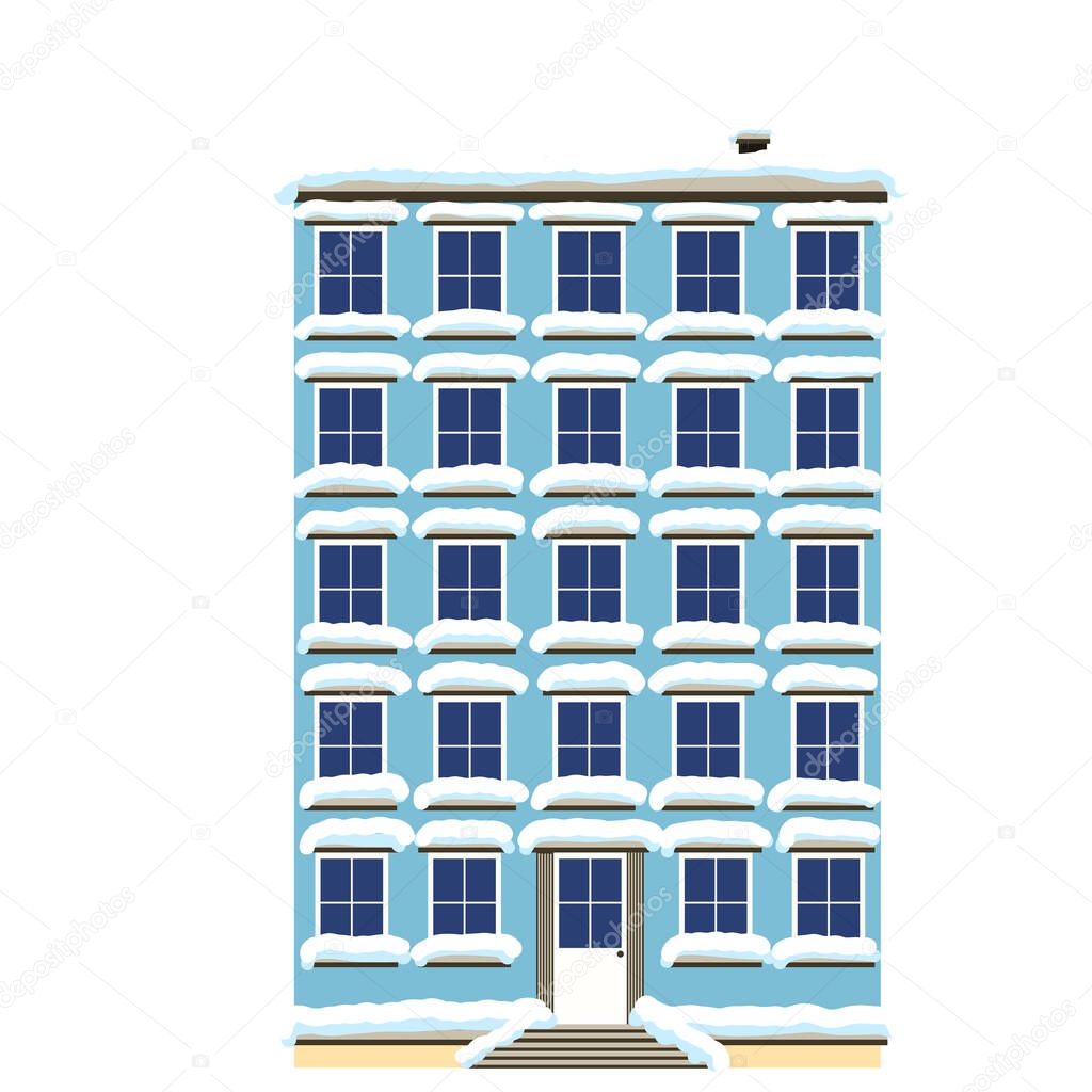 town flat building covered with snow. Christmas snowfall in the city. clip art decor element